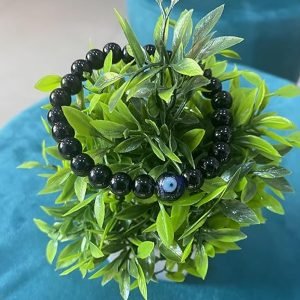 Shahi Aura Black Onyx with Evil Eye Bracelet – 8mm Natural Healing Crystal Gemstone | Unisex Round Beads Chakra Energy Stone Bracelet