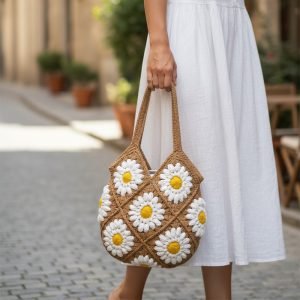 Shahi Aura Handmade Crochet Daisy Bag – Brown, Purple & Green (50cm x 27cm)